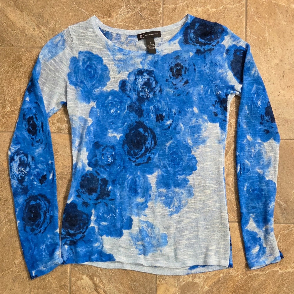 INC International Concepts Blue Floral Rose Knit Top Long Sleeve Small